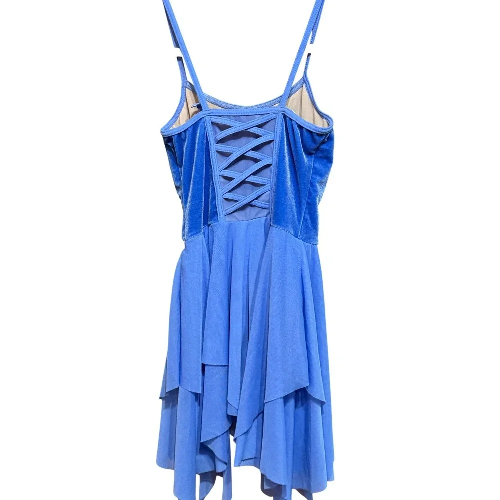 Weissman Lyrical Dance Costume Periwinkle Blue Velvet Pearl Lattice Back LC